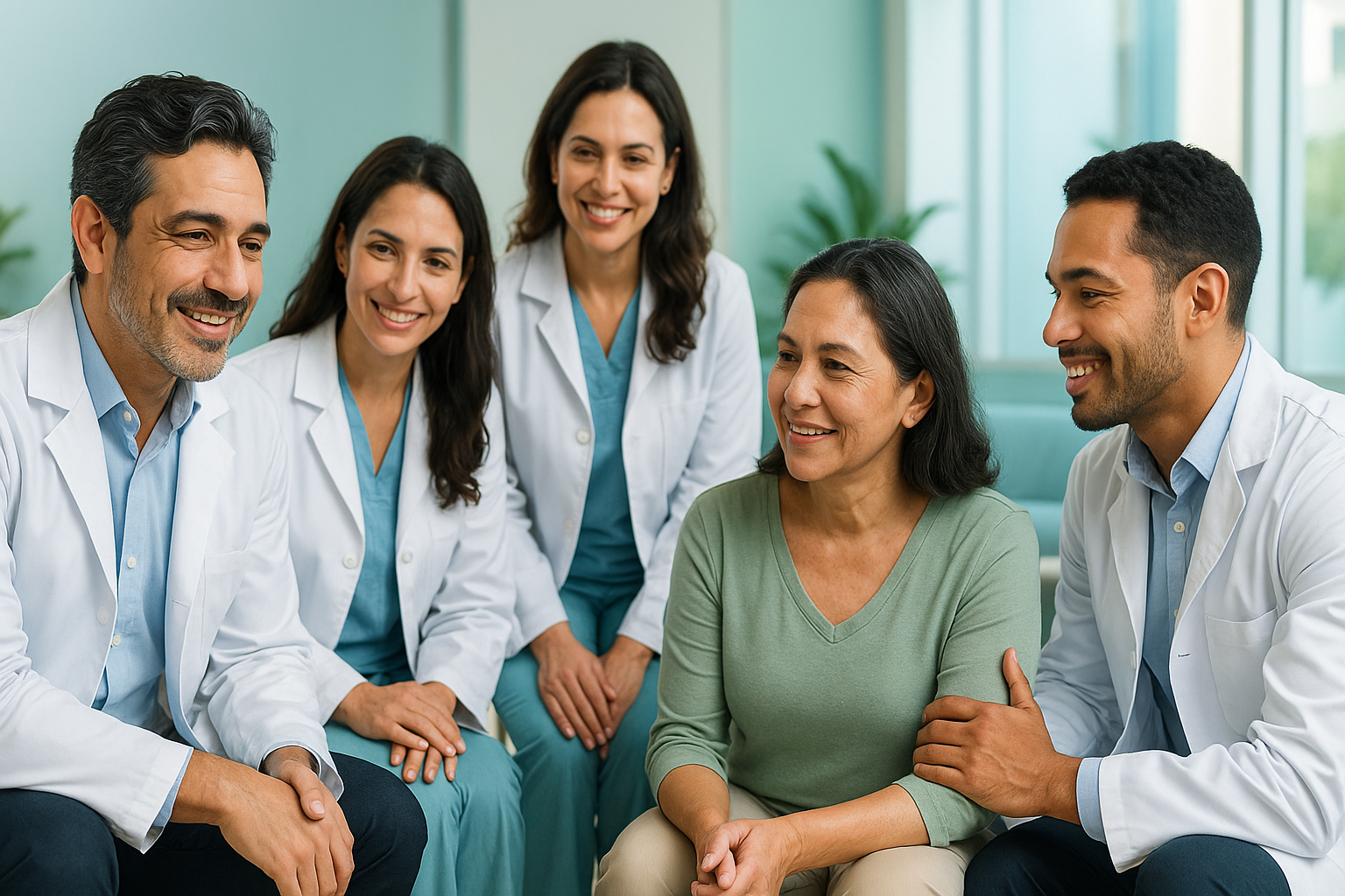 Dermatólogos conversando con pacientes sobre enfermedades inmunomediadas de la piel